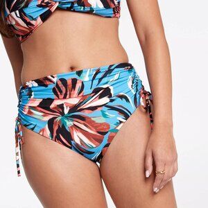 CALIA Women's High Waisted Ruched Side Tie Swim Bottoms, Small, Tranquil Blue Fl